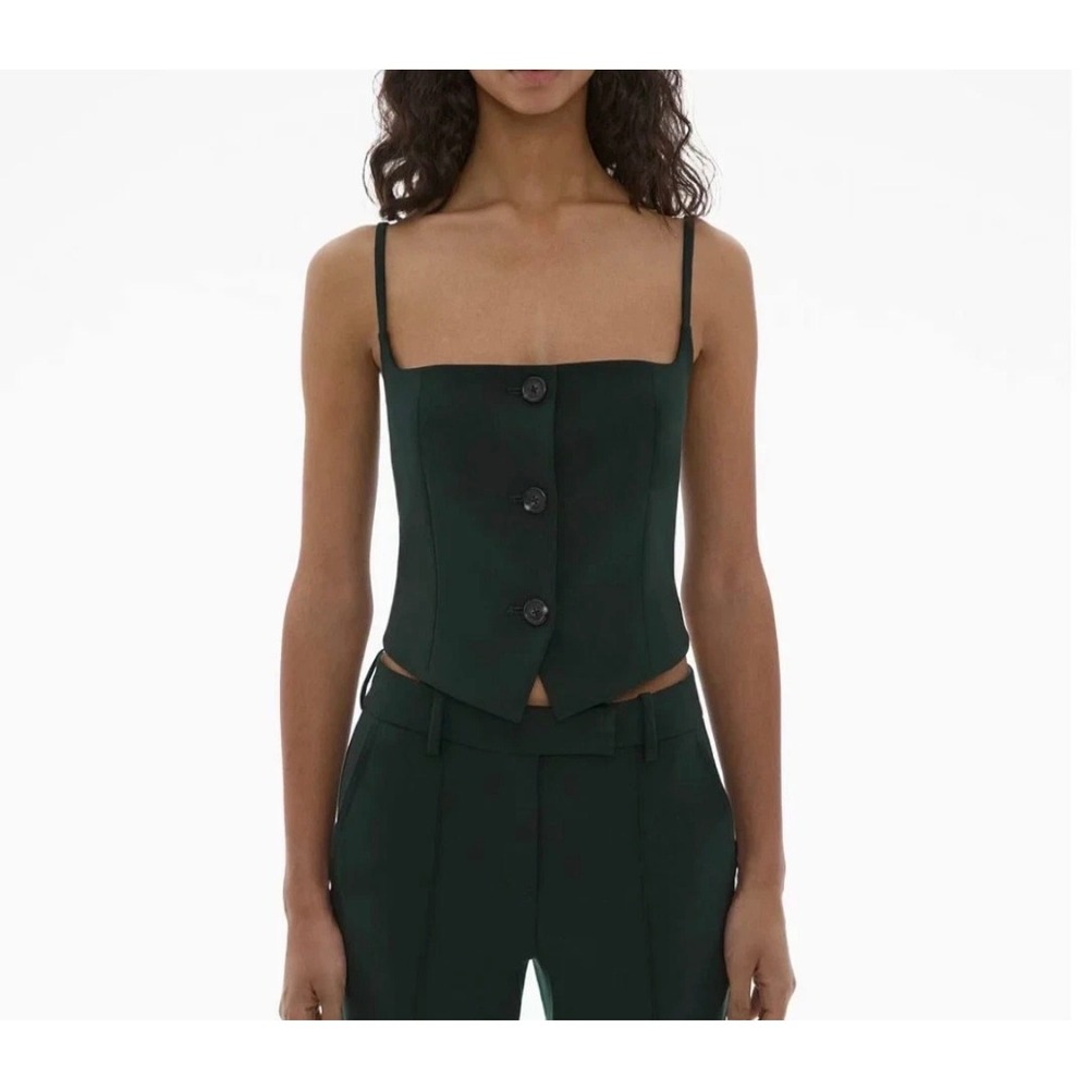 Helmut Lang Womens Dark Green Button Front Wool Blend Cropped Vest Top 6